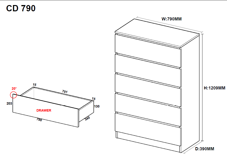 Tallboy – 5 Drawer – 3 colour choices