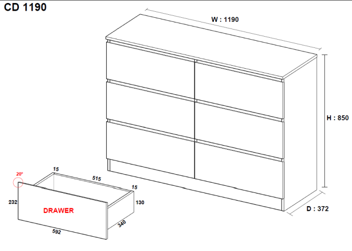 Lowboy – Dresser – 6 Drawer – 3 colour choices