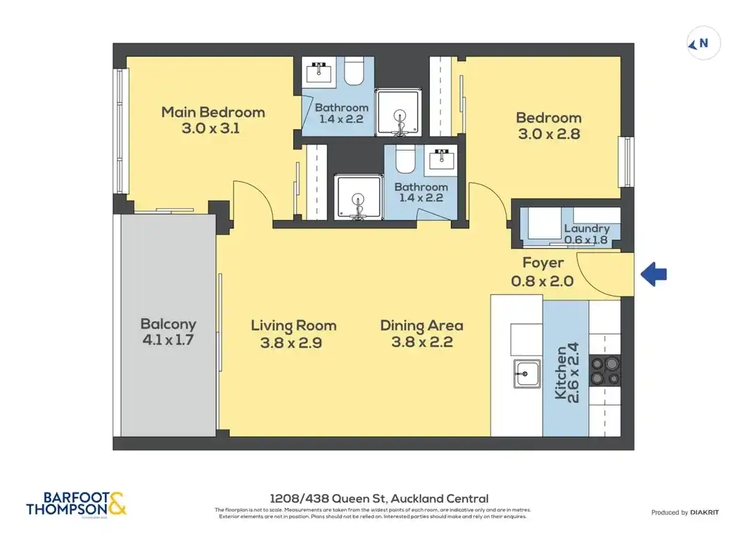Double Grammar school zone, Freehold 2 beds 2 baths apartment, 71sqm including a 7sqm balcony, Full furniture package is included, move-in ready, 0.9 km to Auckland Girls’ Grammar School, 1.7 km to Auckland Grammar, 1208/438 Queen Street, City Centre, Auckland