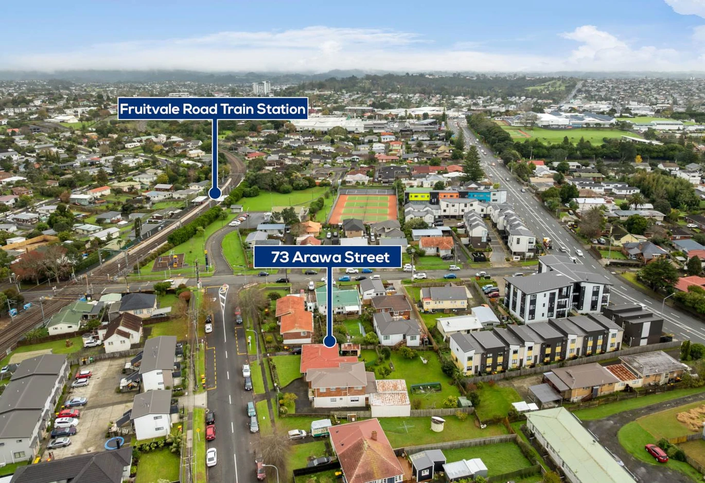 This strategically located site offers development options: 10 or 12 new homes, 73 Arawa Street, New Lynn, Auckland