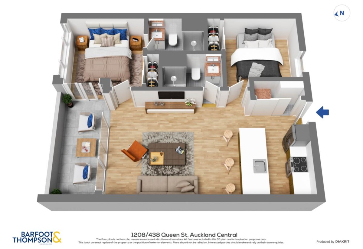 Double Grammar school zone, Freehold 2 beds 2 baths apartment, 71sqm including a 7sqm balcony, Full furniture package is included, move-in ready, 0.9 km to Auckland Girls’ Grammar School, 1.7 km to Auckland Grammar, 1208/438 Queen Street, City Centre, Auckland