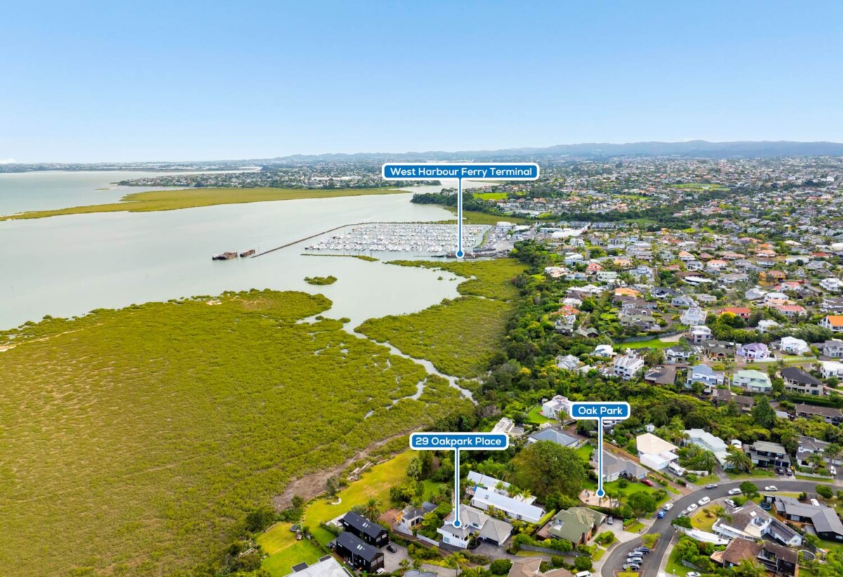 180 degrees sea views, 310m2 4 beds 3 baths house on 750m2 section, a high-stud, oversized rumpus room, a covered built-in spa, new solid weatherboard cladding, new double-glazed windows, and new CCC, 1 km to Hobsonville School, 29 Oakpark Place, West Harbour, Auckland