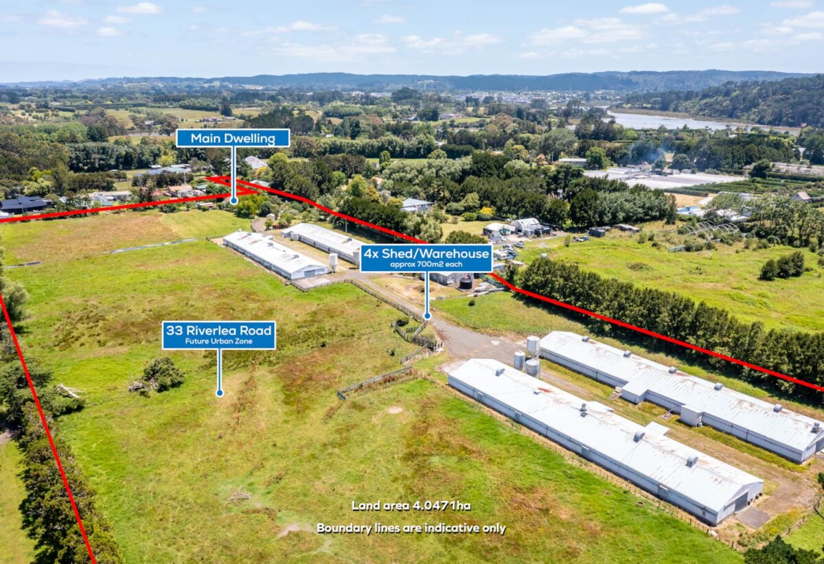 3 beds + 1 big office room on 4.0471ha land, 2 standalone garage, 4 large metal sheds (approx. 700m² each), 1.3 km to Whenuapai School, 4 km to Hobsonville Point Secondary School, 33 Riverlea Road, Whenuapai, Auckland