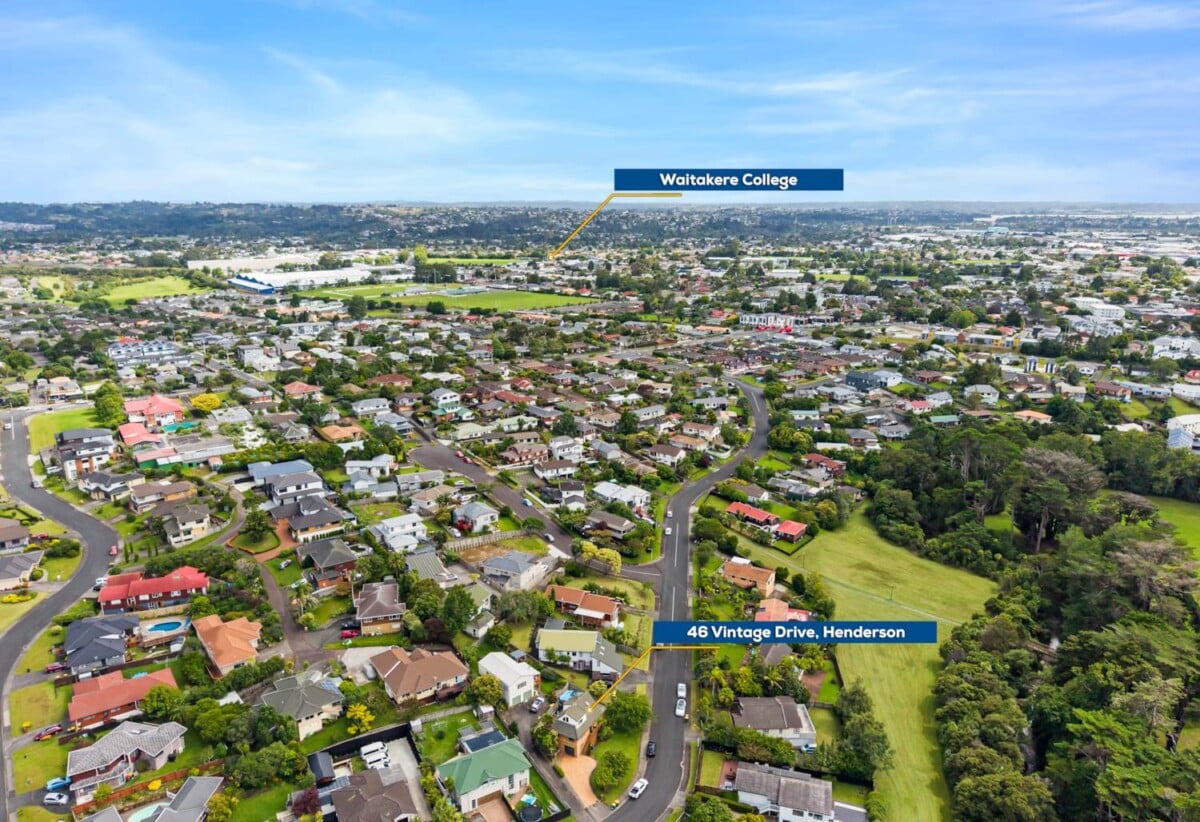 Near to Henderson Park, Brick and tile 3 beds 2 baths house on 451m2 section, walks to WestCity Waitakere shopping centre and Henderson Train Station, 0.7 km to Western Heights School (Auckland), 1.3 km to Waitakere College and Henderson Intermediate, 46 Vintage Drive, Henderson, Auckland