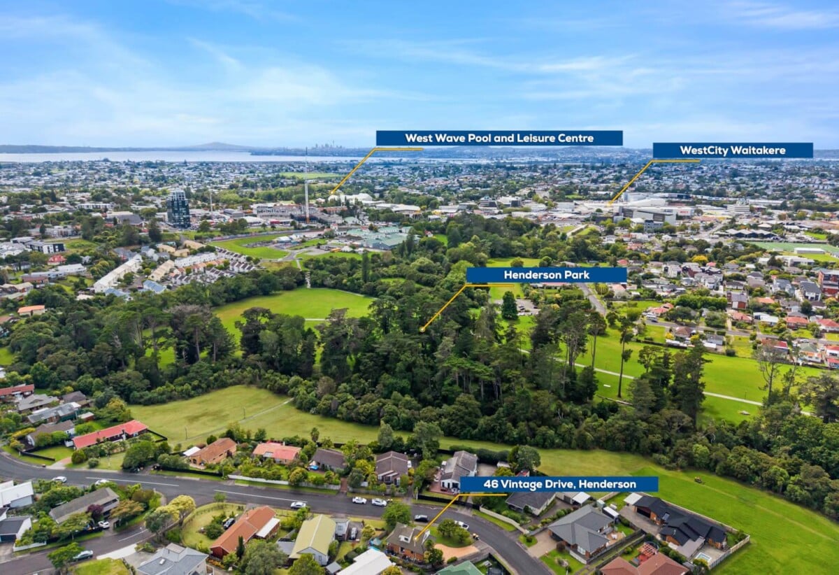 Near to Henderson Park, Brick and tile 3 beds 2 baths house on 451m2 section, walks to WestCity Waitakere shopping centre and Henderson Train Station, 0.7 km to Western Heights School (Auckland), 1.3 km to Waitakere College and Henderson Intermediate, 46 Vintage Drive, Henderson, Auckland