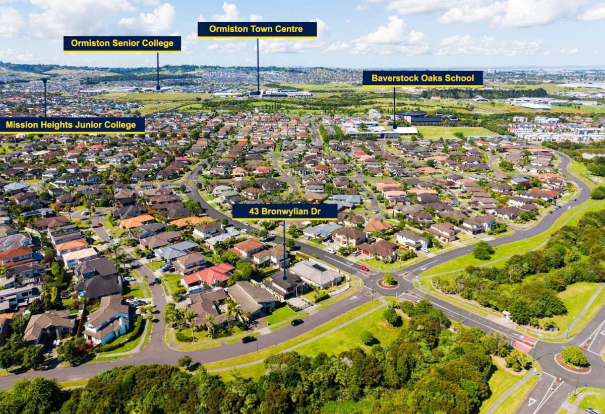 4 beds + plus upstairs big study/5th bedroom option, 3 baths with underfloor heating house on 592m2 section, Central air-conditioning and central vacuum system, 1.8 km to Ormiston Senior College, 43 Bronwylian Drive, Flat Bush, Auckland