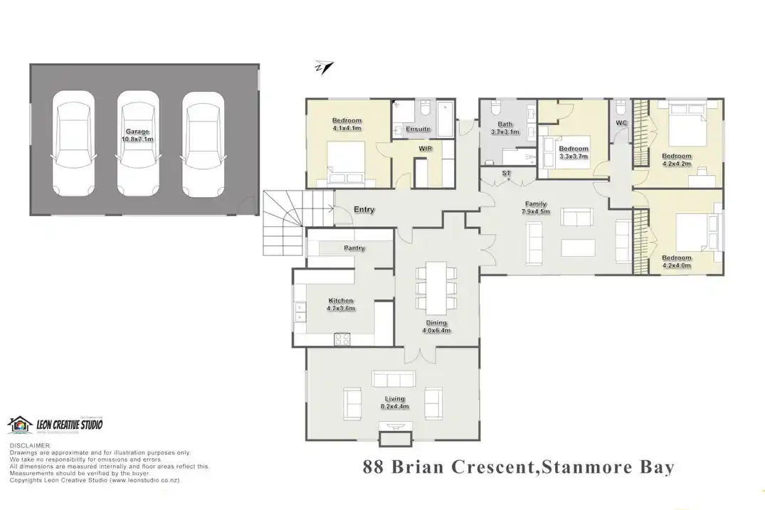4 beds 2 baths house with triple garage on 2547m2 section, Showing as M-H Urban on proposed PC 120, 0.8 km to Stanmore Bay School, 2.1 km to Red Beach School, 2.7 km to Whangaparaoa College, 88 Brian Crescent, Stanmore Bay, Auckland