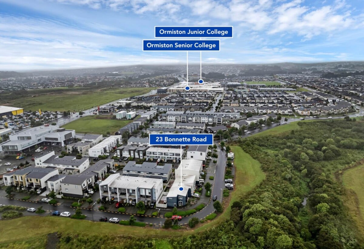 4 beds 2.5 baths home with garage on 206m2 section, walks to Ormiston Town Centre, Pak’n Save and schools, 0.5 km to Ormiston Senior College, 0.7 km to Ormiston Junior College, 0.8 km to Ormiston Primary School, 23 Bonnette Road, Flat Bush, Auckland