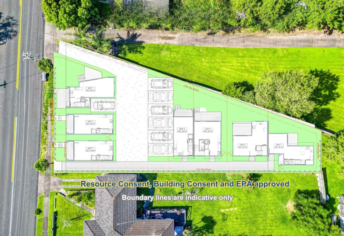 5 beds 3 baths house on 951m2 section, RC submitted for 7 new homes with car parks, three standalone houses and two duplex buildings, 0.7 km to Henderson School, 1 km to Rangeview Intermediate, 1.5 km to Henderson High School, 69 McLeod Road, Te Atatu South, Auckland