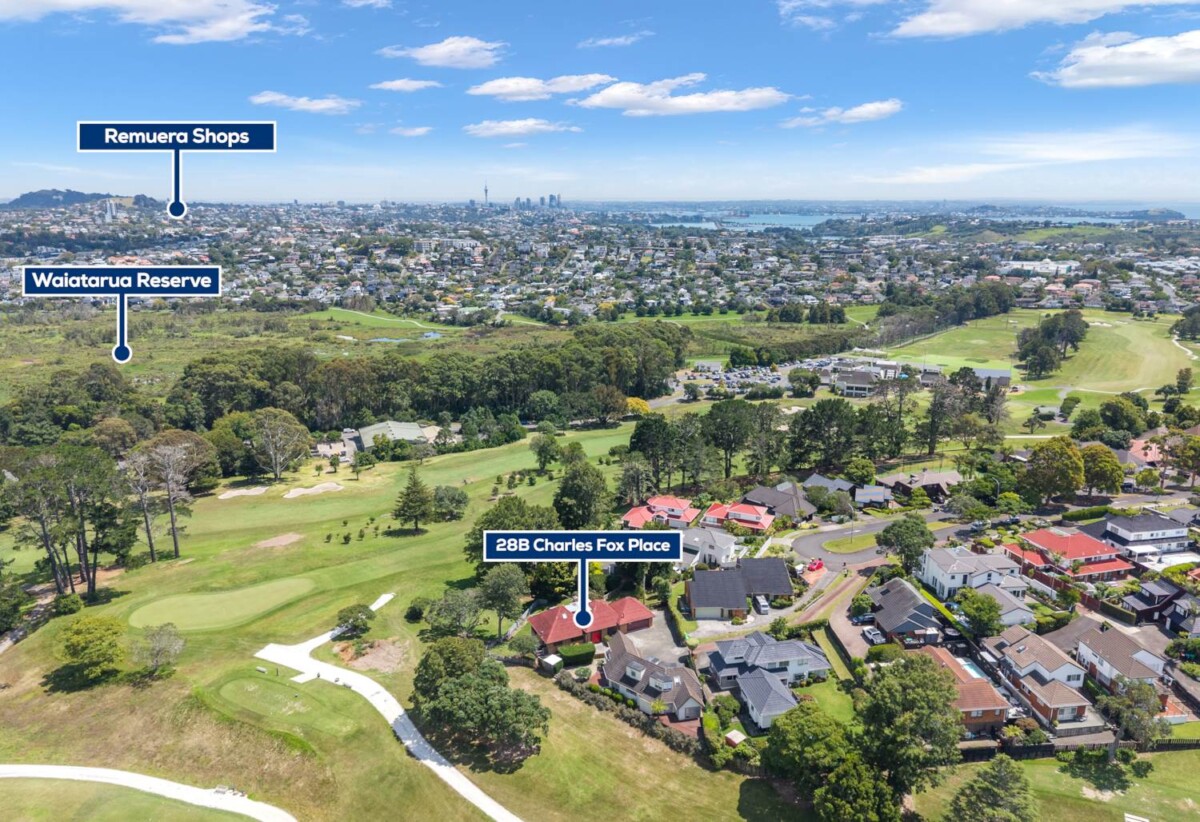 Brick and tile 5 beds + office 3 baths house with double garage, next to and with a wonderful outlook and access to the Remuera Golf Club, close to shopping centre, 2.6 km to Selwyn College and St Thomas School (Auckland), 3.5 km to Baradene College, 28B Charles Fox Place, St Johns, Auckland