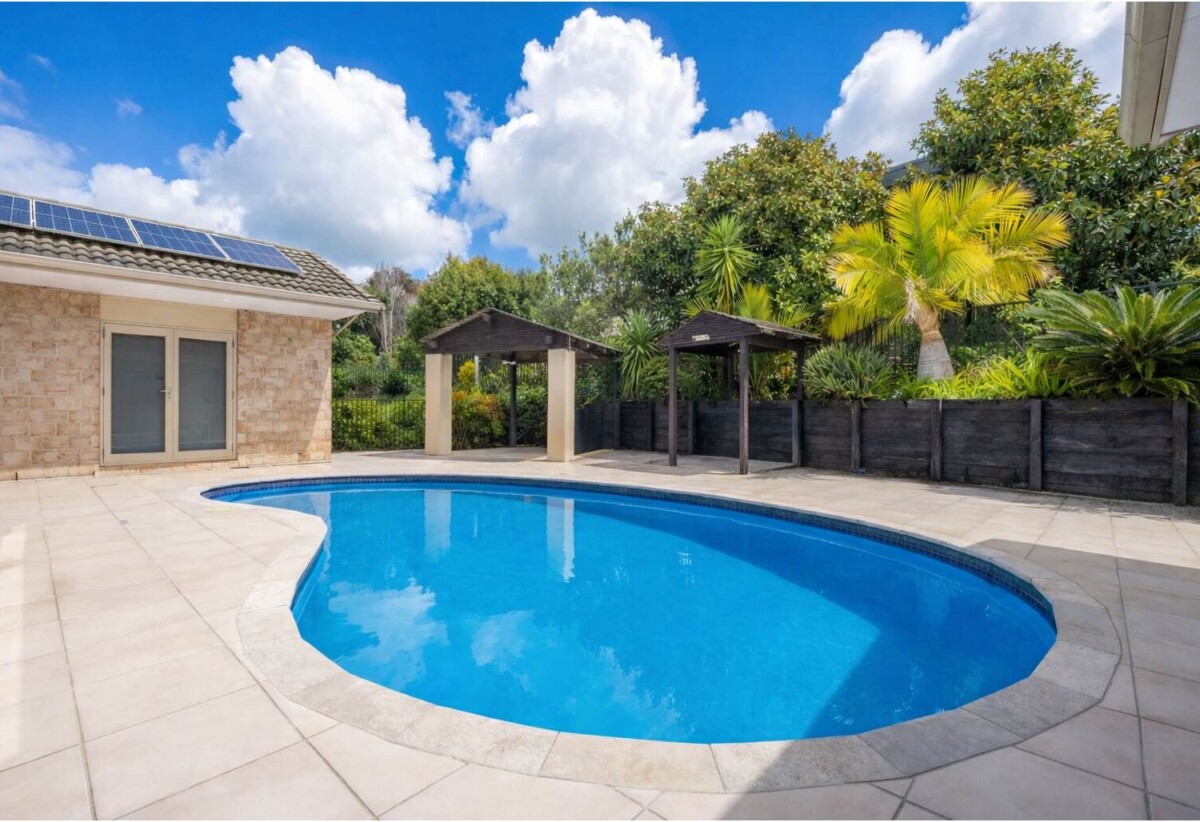 Brick and tile 4 beds 2.5 baths house with double garage and private swimming pool on 2129m2 section, 1.1 km to Gulf Harbour School, 15 Astrolabe Place, Gulf Harbour, Auckland