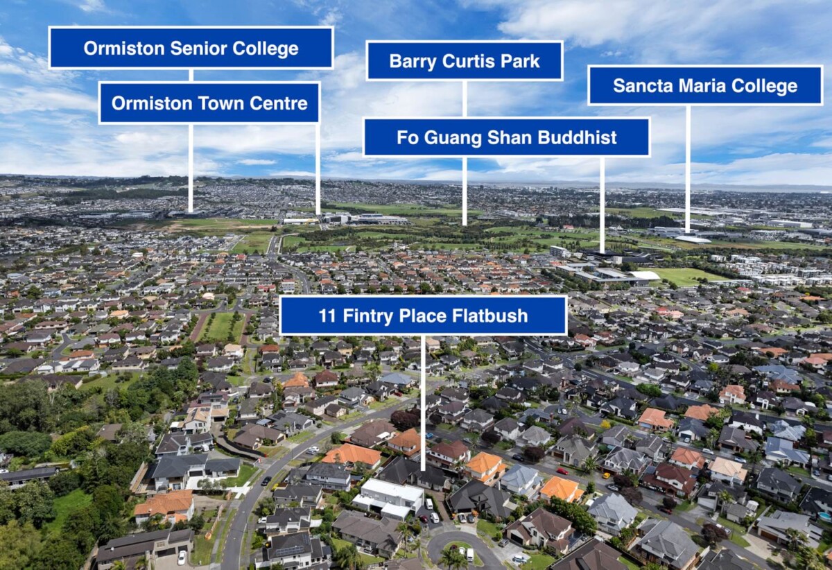 243m2 4 beds 2 baths house with double garage on 633m2 section, 0.5 km to Baverstock Oaks School, 1.3 km to Sancta Maria College, 1.7 km to Ormiston Senior College and Mission Heights Junior College, 11 Fintry Place, Flat Bush, Auckland