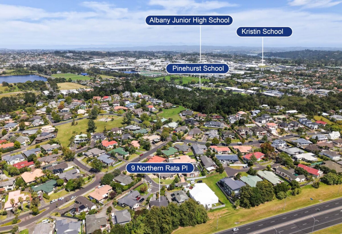 Brick and tile 4 beds 2 baths house with double garage on 609m2 section, close to schools, Albany Mall, motorway access, 1 km to Pinehill School (Browns Bay), 1.5 km to Albany Senior High School, 1.9 km to Albany School, 2.4 km to Albany Junior High School, 9 Northern Rata Place, Albany, Auckland