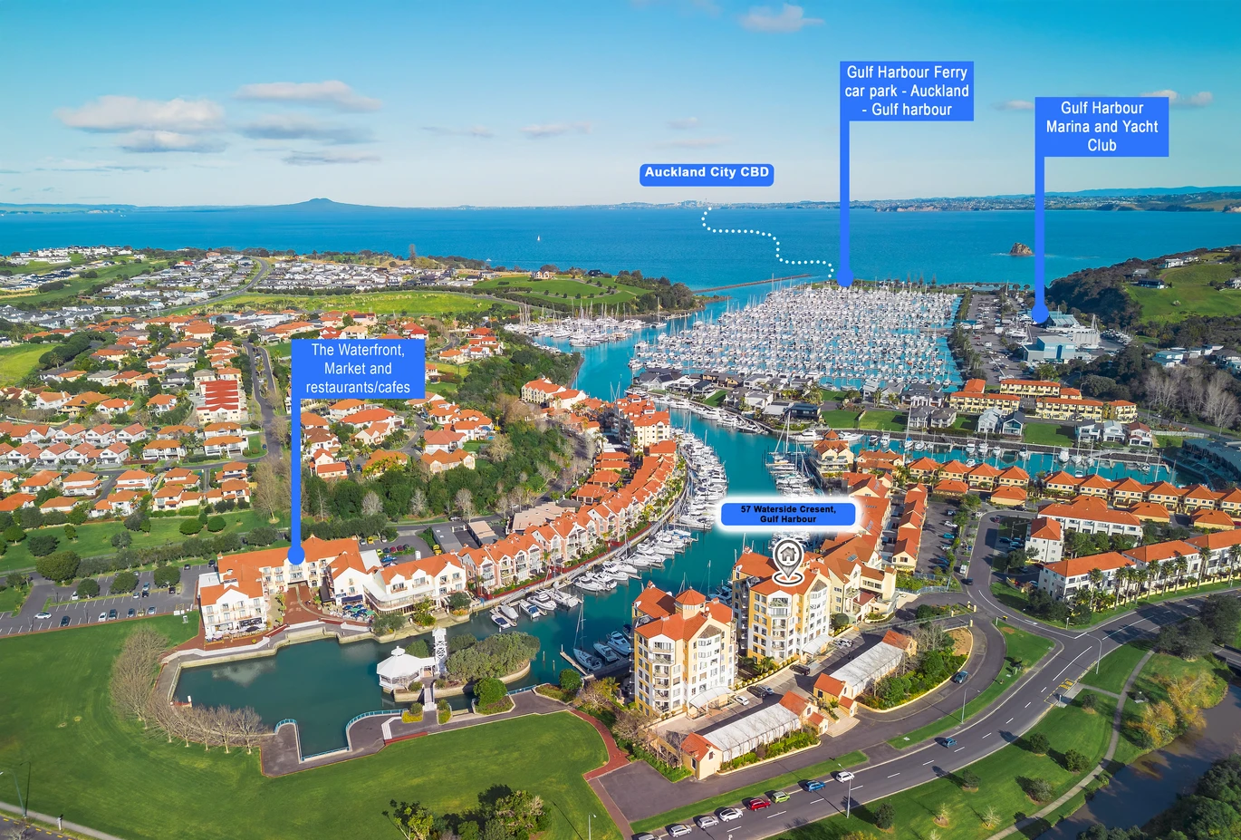 140m2 3 beds 2 baths waterfront apartment with marina views and 2 carports, Walk to cafés, bars, and 4 Square Metro Mart, Top-tier education nearby, Wentworth Primary School & College, Shakespeare Regional Park and beautiful local beaches are just minutes away, 57 Waterside Crescent, Gulf Harbour, Auckland