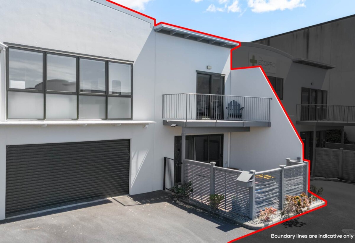 Rare Mixed-Use Opportunity, 98m2 upstairs 3 beds 1 bath apartment, 98m2 Flexible Commercial Space downstairs: 1 large office, 1 bath, Rear kitchenette area, Dedicated commercial entrance with courtyard patio, Additional large room with internal access to the double garage, Albany school zone, 15/18 Airborne Road, Rosedale, Auckland