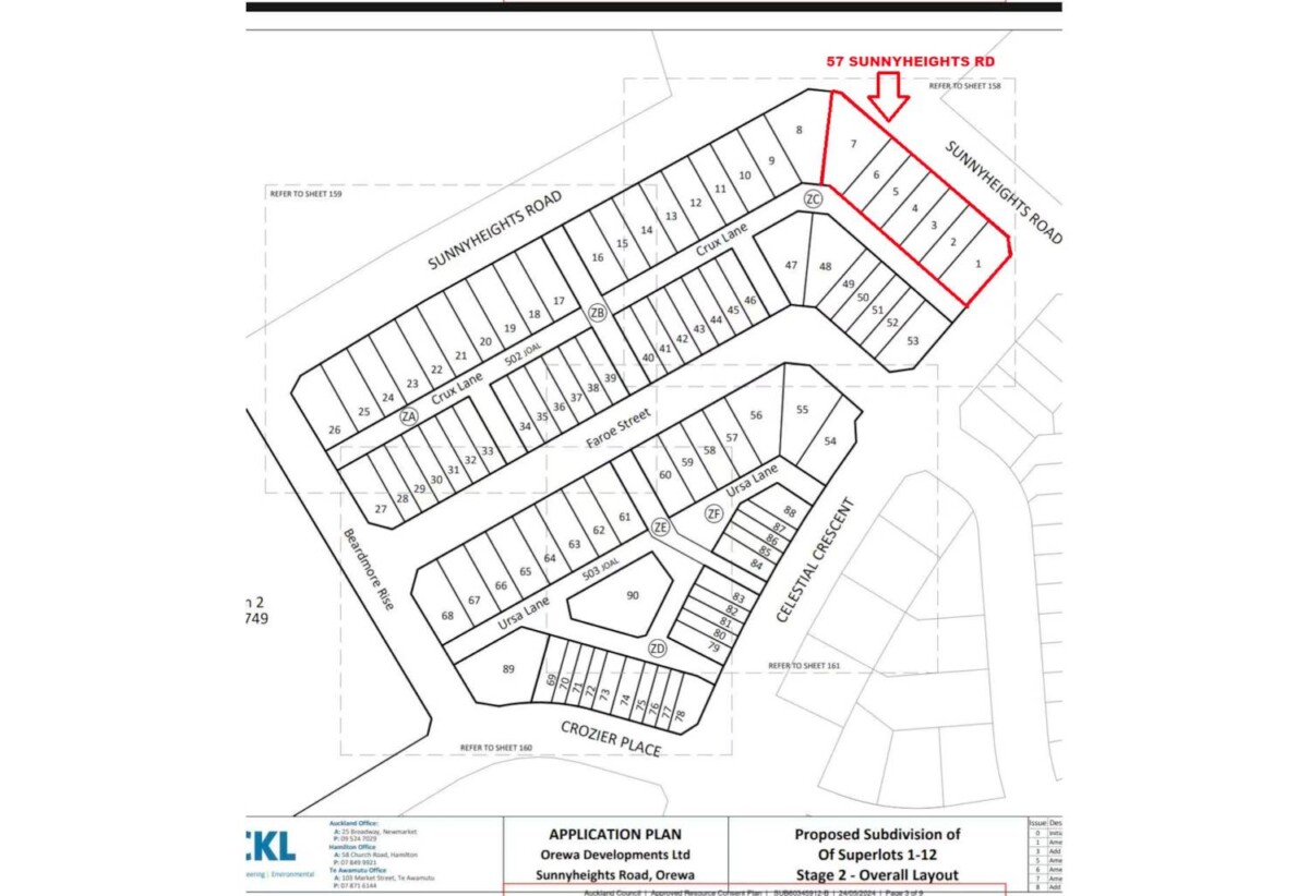 1887m2 super lot with RC for 7 standalone homes, Lot 1, 332m2 size land, 3 beds, Lot 2-6, 221m2 land size, 5 beds, Lot 7, 450m2 size land, 4 beds, fully serviced to each sub lot boundary, 0.2 km to Nukumea School, 57 Sunnyheights Road, Orewa, Auckland