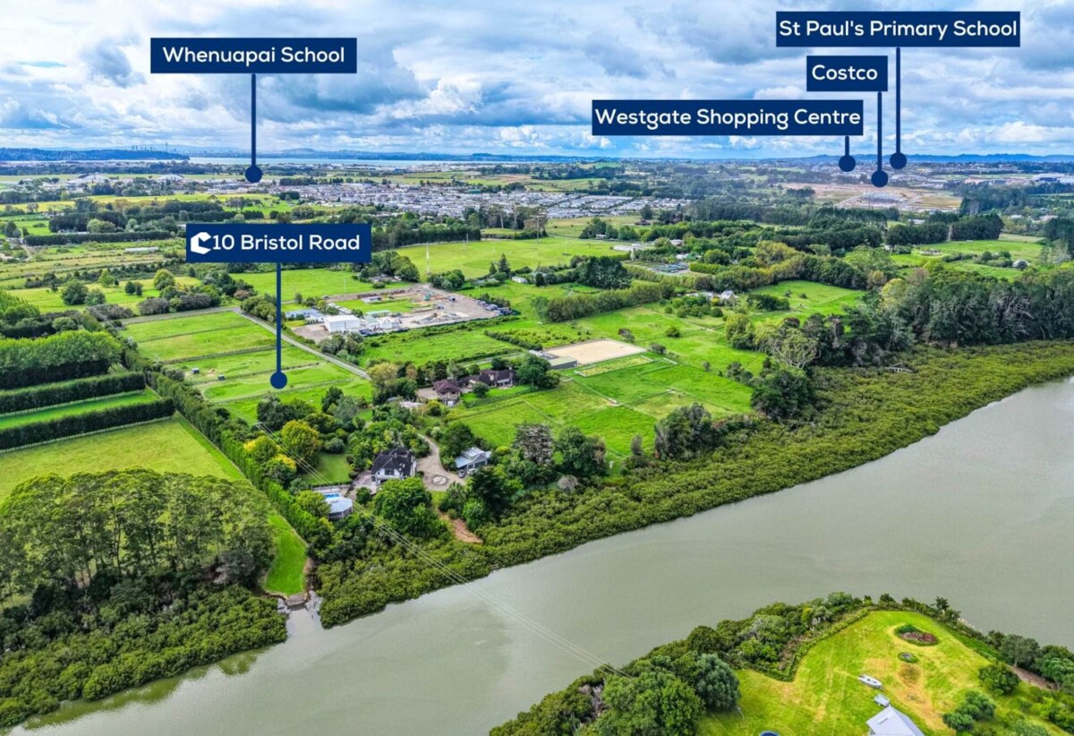 Home and income with private swimming pool on 2.5591ha waterfront land, 5 beds main home + 65sqm two-bedroom minor dwelling nestled in landscaped gardens, The Land: Five post-and-rail paddocks stand ready for horses or stock, 1.8 km to Whenuapai School, quick motorway access, a short drive to Westgate Mall, 10 Bristol Road, Whenuapai, Auckland