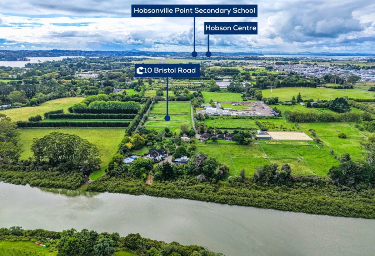 Home and income with private swimming pool on 2.5591ha waterfront land, 5 beds main home + 65sqm two-bedroom minor dwelling nestled in landscaped gardens, The Land: Five post-and-rail paddocks stand ready for horses or stock, 1.8 km to Whenuapai School, quick motorway access, a short drive to Westgate Mall, 10 Bristol Road, Whenuapai, Auckland