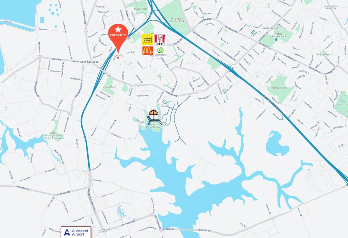 Must sell, Forget CV – Rare THAB for Quick Sale, Brick and tile 4 beds 2 baths house with double garage on 898m2 section, Currently tenanted, approximately 0.5km from Mangere Shopping Centre and 1km from SH20 motorway access, walks to schools, 4 Staverton Crescent, Mangere, Auckland