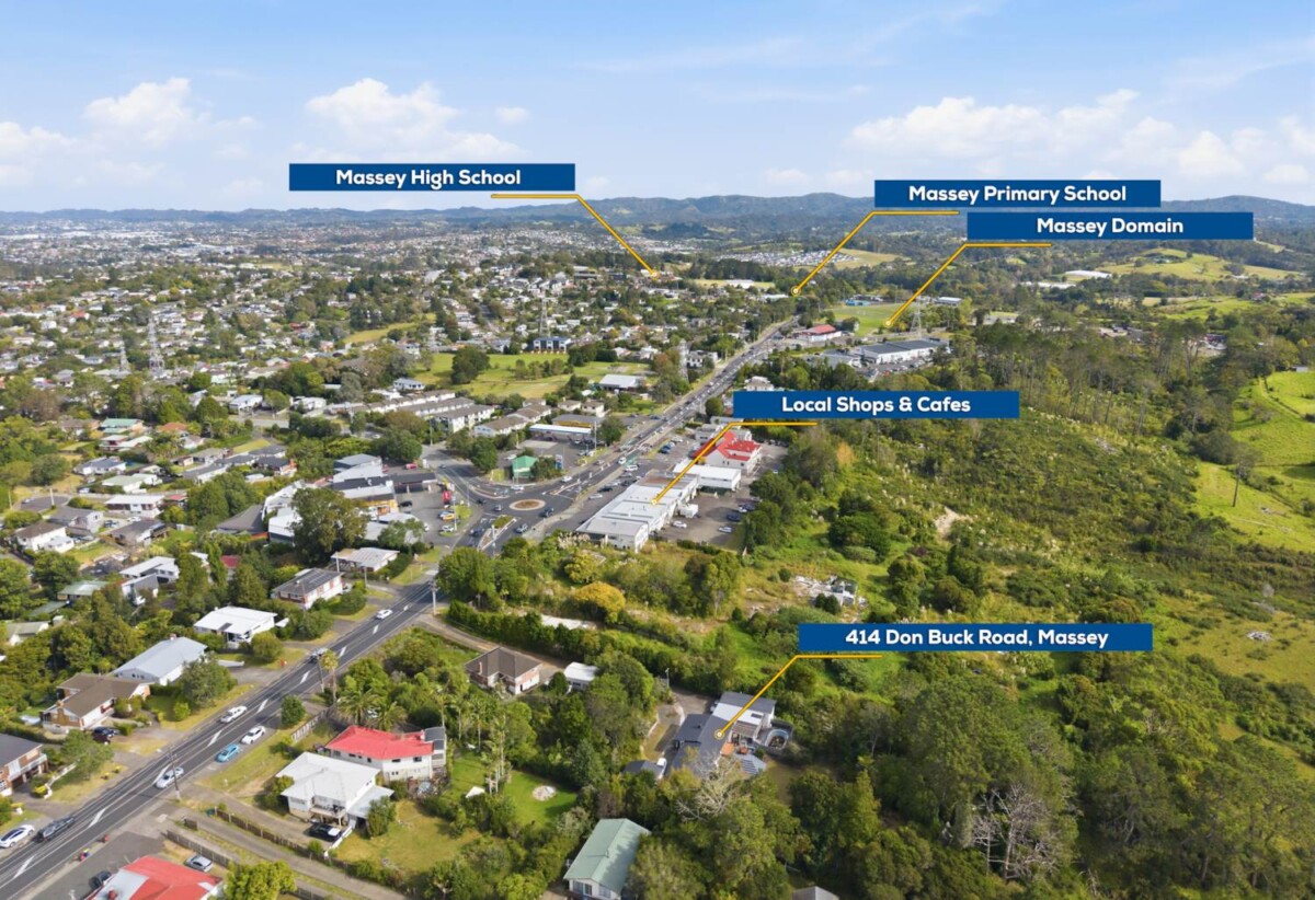 3,202 sqm of Local Centre Zone, 3 beds 2 baths house, A large covered deck overlooks your private park-like grounds, , A separate, generously sized studio with its own bathroom , zoned for Massey Primary School, Massey High School, 414 Don Buck Road, Massey, Auckland