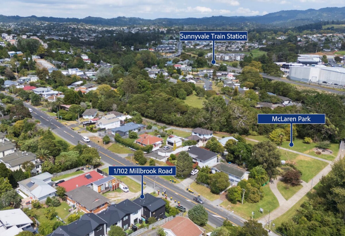 58m2 Freehold 1 bed 1 bath townhouse with a pleasant front yard (108 m2 land area), With Westcity Mall, Mega shopping centre, transport options, McLaren Park and daily amenities nearby, walks to schools, zoned for Sunnyvale School and Bruce McLaren Intermediate, 1/102 Millbrook Road, Sunnyvale, Auckland