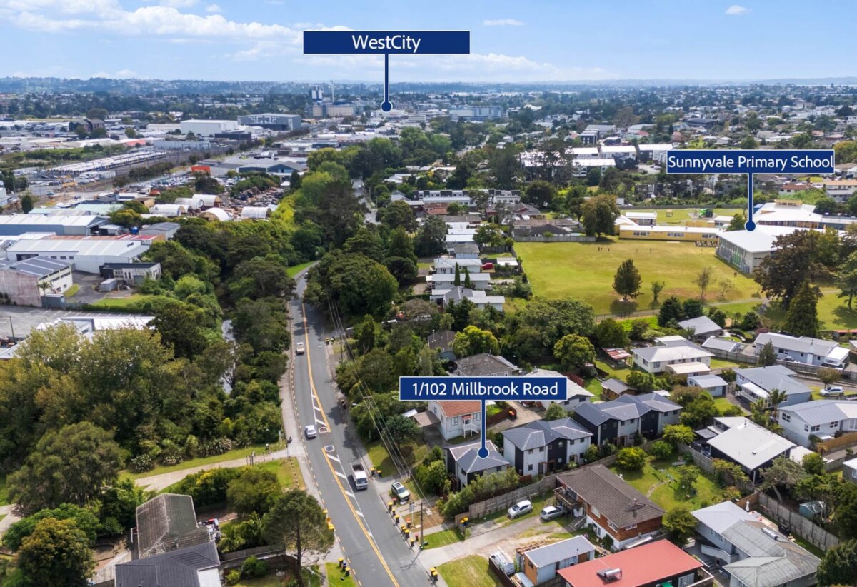 58m2 Freehold 1 bed 1 bath townhouse with a pleasant front yard (108 m2 land area), With Westcity Mall, Mega shopping centre, transport options, McLaren Park and daily amenities nearby, walks to schools, zoned for Sunnyvale School and Bruce McLaren Intermediate, 1/102 Millbrook Road, Sunnyvale, Auckland