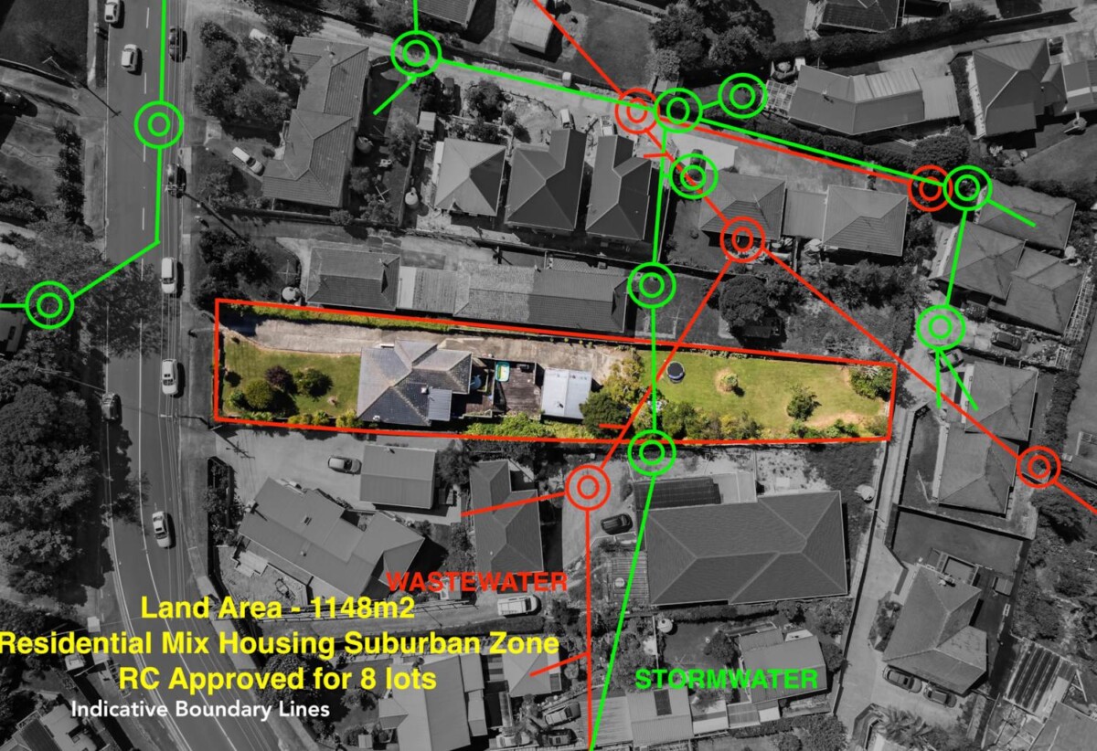 Brick and tile 3 beds house on 1148m2 section, with RC for 8 lots, Lots 1–6: Duplex townhouses, Lot 7 and Lot 8 are standalone townhouses, all are 2- beds home, BC and EPA are ready to be re-lodged, close to Glen Eden Train Station, New Lynn town centre, Zoned for Kaurilands Primary, Glen Eden Intermediate, and Green Bay High School, 60 Glengarry Road, Glen Eden, Auckland