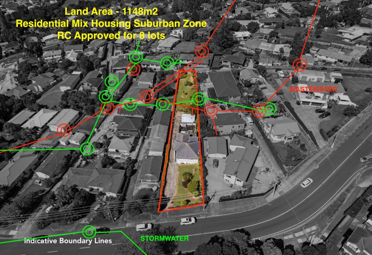Brick and tile 3 beds house on 1148m2 section, with RC for 8 lots, Lots 1–6: Duplex townhouses, Lot 7 and Lot 8 are standalone townhouses, all are 2- beds home, BC and EPA are ready to be re-lodged, close to Glen Eden Train Station, New Lynn town centre, Zoned for Kaurilands Primary, Glen Eden Intermediate, and Green Bay High School, 60 Glengarry Road, Glen Eden, Auckland