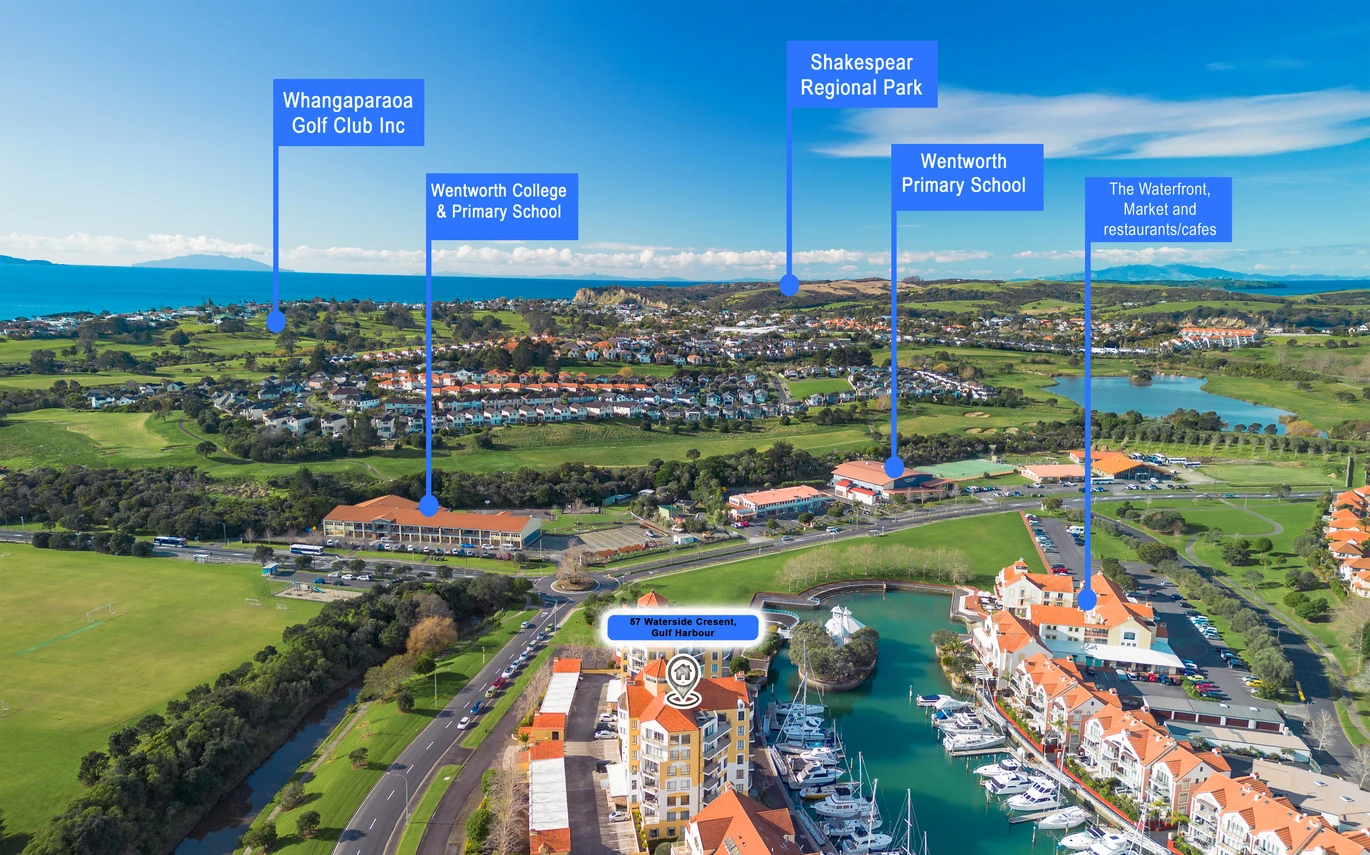 140m2 3 beds 2 baths waterfront apartment with marina views and 2 carports, Walk to cafés, bars, and 4 Square Metro Mart, Top-tier education nearby, Wentworth Primary School & College, Shakespeare Regional Park and beautiful local beaches are just minutes away, 57 Waterside Crescent, Gulf Harbour, Auckland