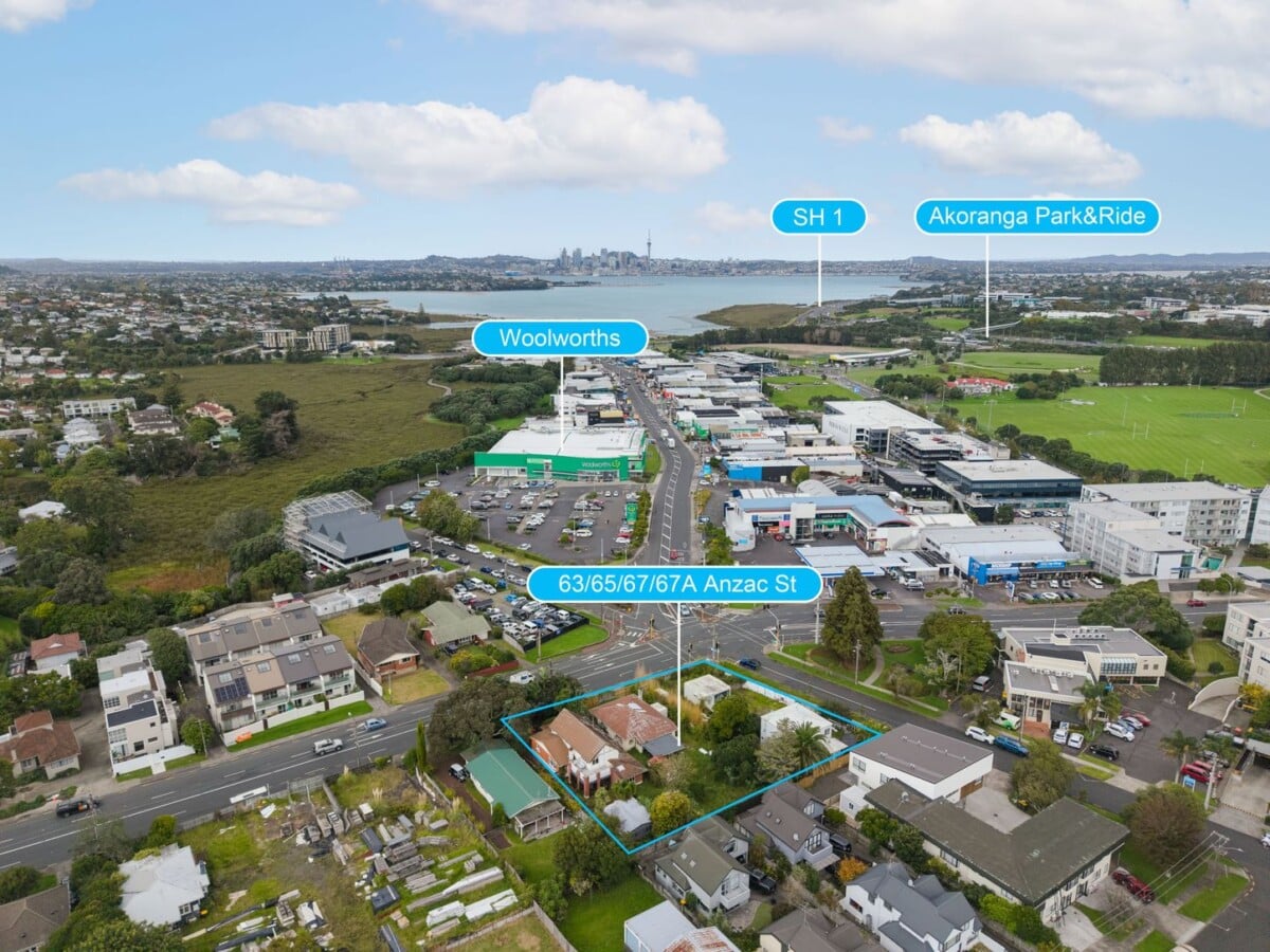 Corner THAB 1,992sqm on 4 Freehold Titles, 4 Existing Properties sold “as is, where is”, Flat Section with Waste Water & Stormwater Connections, Zoned for Westlake Girls` High School, Takapuna Normal Intermediate, Takapuna Grammar School, Takapuna School. minutes to Takapuna Beach and Lake Pupuke and motorway access, Woolworths supermarket and daily amenities located within walking distance, 63&65&67 Anzac Street, Takapuna, Auckland