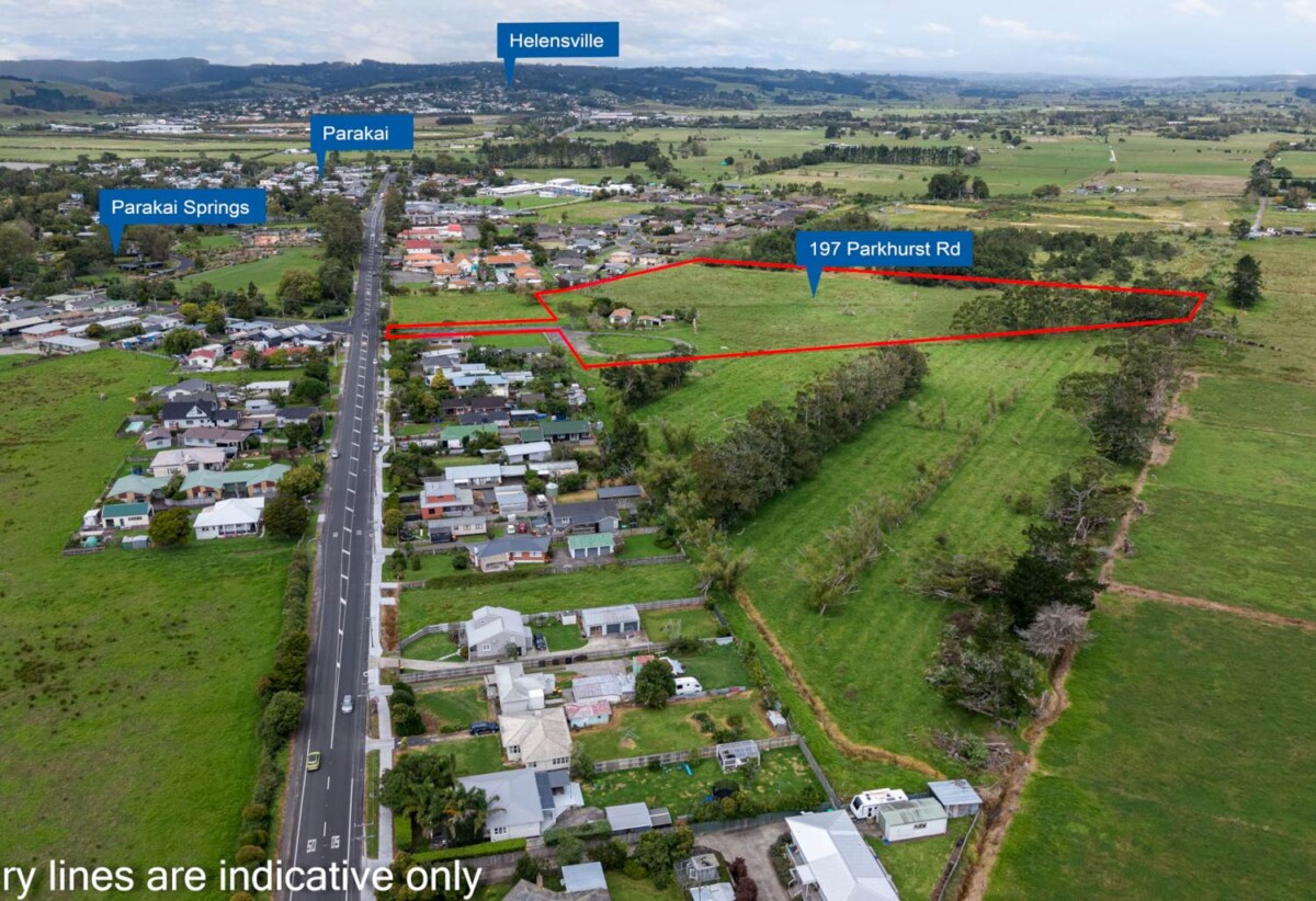 MORTGAGEE SALE, 8.1012ha Across Two Addresses, Two adjacent, frontage level sites total over 8 hectares. 229 Parkhurst Road, comprising a 4.0493ha site and 197 Parkhurst Road, a 4.0519ha site, both zoned Single House. RC is pending to develop the combined landholding into ninety-four lots of approximately 600m² each, 0.6 km to Parakai School, 197 & 229 Parkhurst Road, Parakai, Auckland