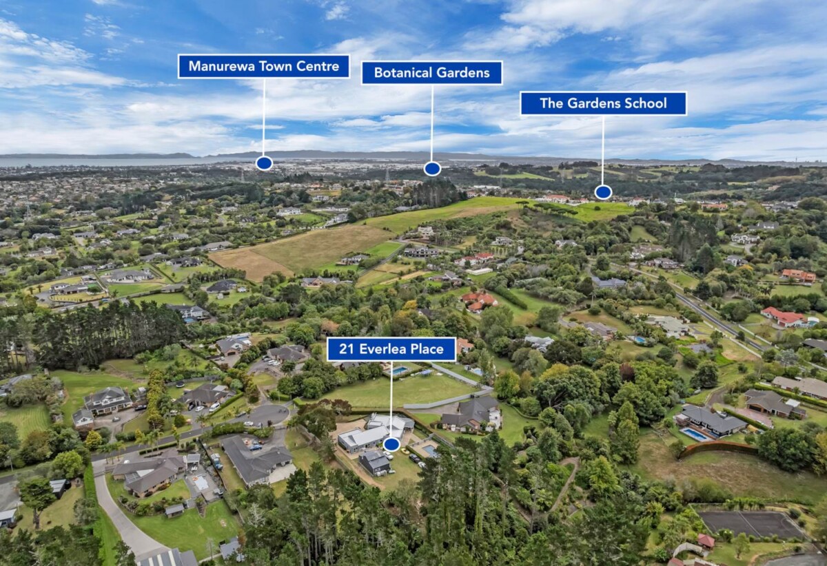 5052m2 section, 6 beds 4 baths ( 5 beds 3 baths triple garage main house + standalone 1 bed 1 bath kitchen, living and garage sleepout) house, with a heated swimming pool, Surrounded by established greenery, close to local amenities, schools, and motorway connections, 1.2 km to Alfriston College and Alfriston School, 21 Everlea Place, Alfriston, Auckland