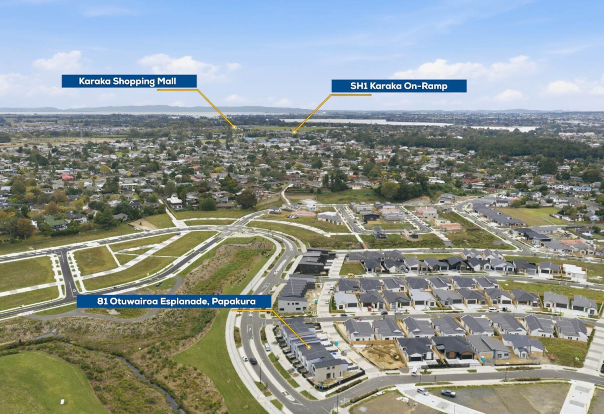 9 brand-new homes with a range of layouts, 2 × Four-Bedroom Homes, 2 × Three-Bedroom Homes, 5 × Two-Bedroom + Study Homes, Directly facing Opaheke Sports Park with open green outlook, close to schools, shops, motorway access, 0.9 km to Opaheke School, 81-97 Otuwairoa Esplanade, Papakura, Auckland