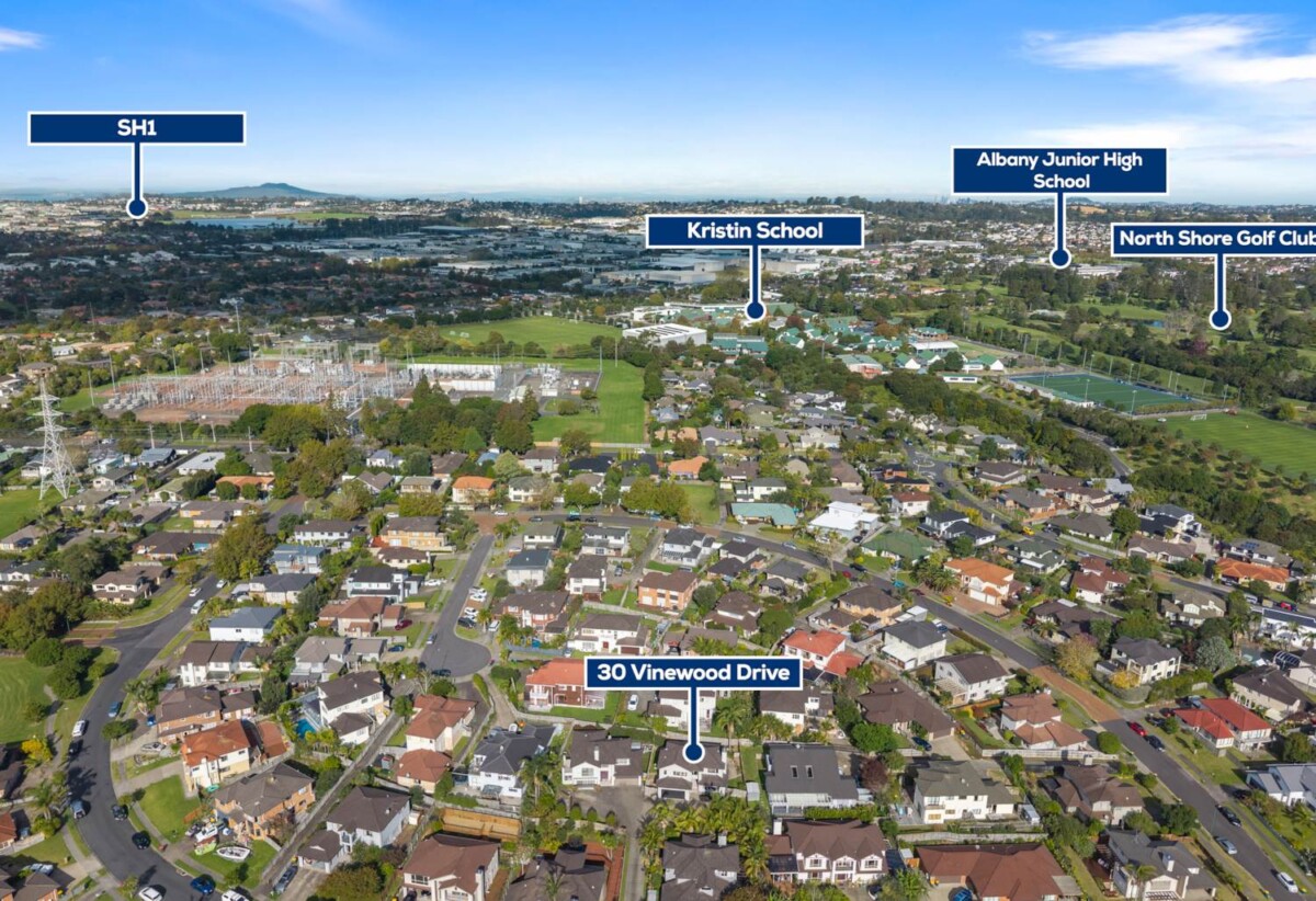 4 beds 2.5 baths house with double garage on 527m2 section, close to the end of a quiet cul-de-sac which borders the Wharf Reserve with its grass areas and trails, close to schools, Massey University, Albany Mall, motorway access, 0.4 km to Albany School, 30 Vinewood Drive, Albany, Auckland