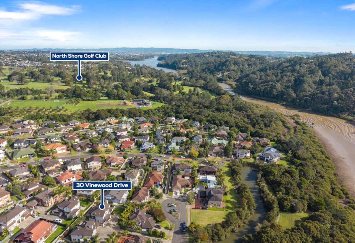 4 beds 2.5 baths house with double garage on 527m2 section, close to the end of a quiet cul-de-sac which borders the Wharf Reserve with its grass areas and trails, close to schools, Massey University, Albany Mall, motorway access, 0.4 km to Albany School, 30 Vinewood Drive, Albany, Auckland