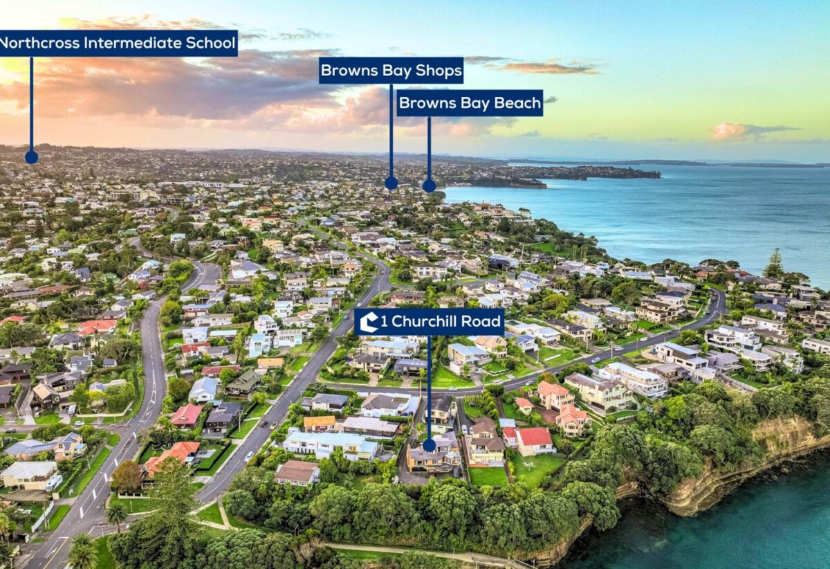 Rangitoto College zone, Sea views, Brick and tile 5 beds 4 baths house with double garage on 820m2 section, a private garden path leads effortlessly to the coastal walkway and Murrays Bay Wharf, moments from the shoreline of Murrays Bay Beach and Mairangi Bay Beach, shops, supermarkets, schools, 0.7 km to Murrays Bay School, 1 Churchill Road, Murrays Bay, Auckland