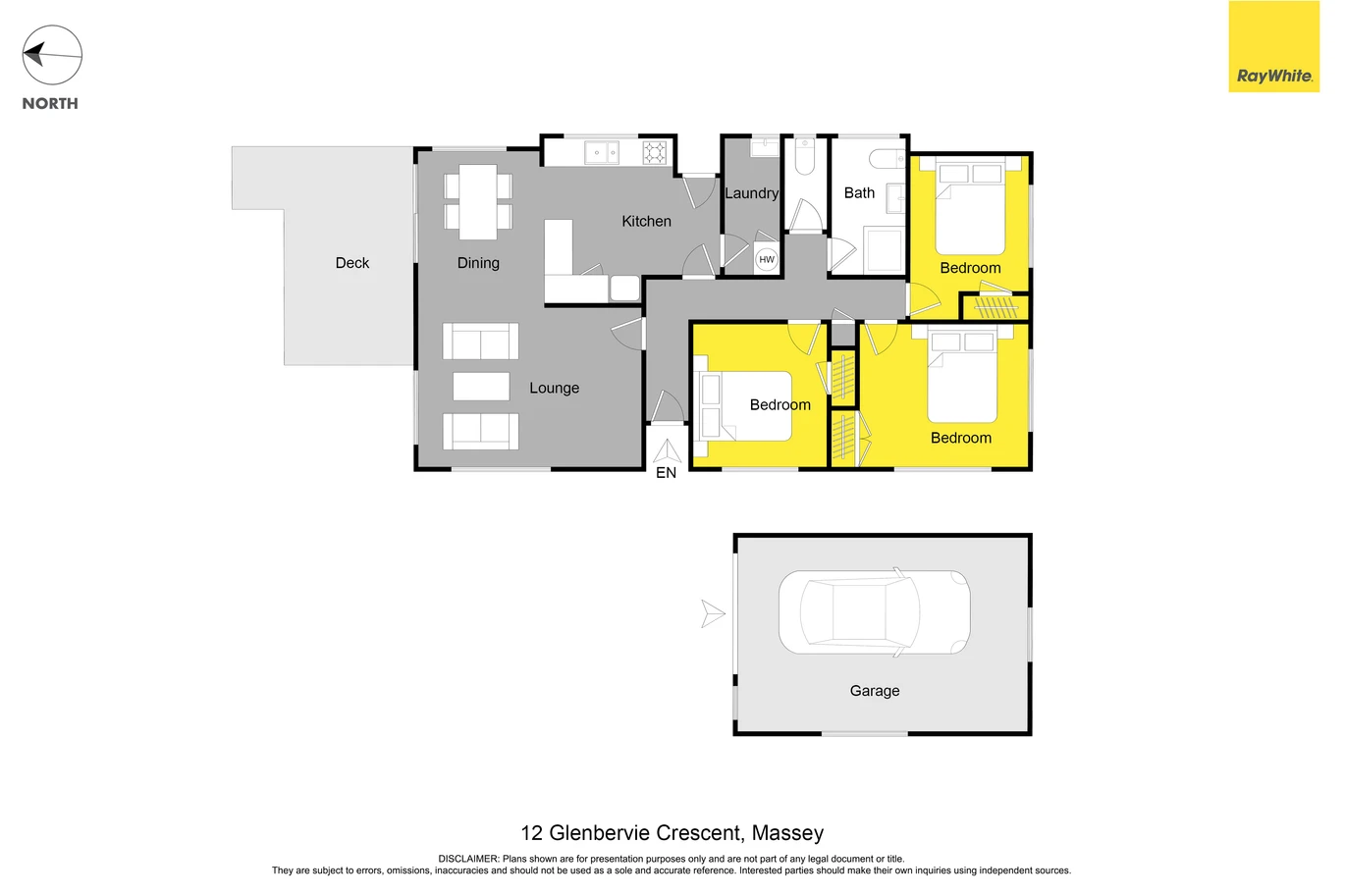 Renovated 3 beds 1 bath house on 1128m2 section, with a deck and pergola, a single garage and additional open parking spaces for up to five vehicles, 12 Glenbervie Crescent Massey,, Auckland