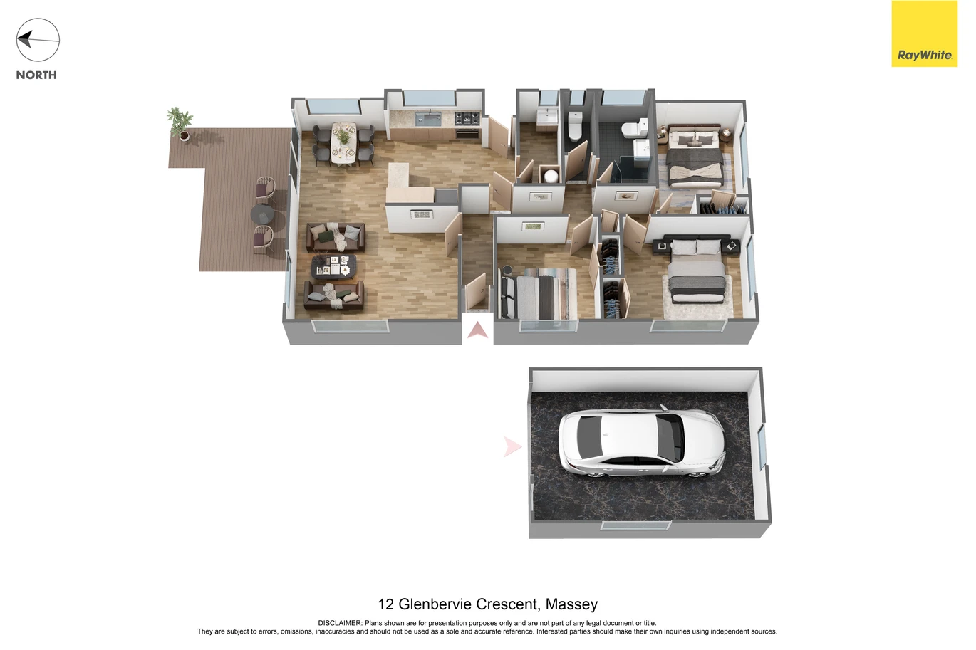 Renovated 3 beds 1 bath house on 1128m2 section, with a deck and pergola, a single garage and additional open parking spaces for up to five vehicles, 12 Glenbervie Crescent Massey,, Auckland