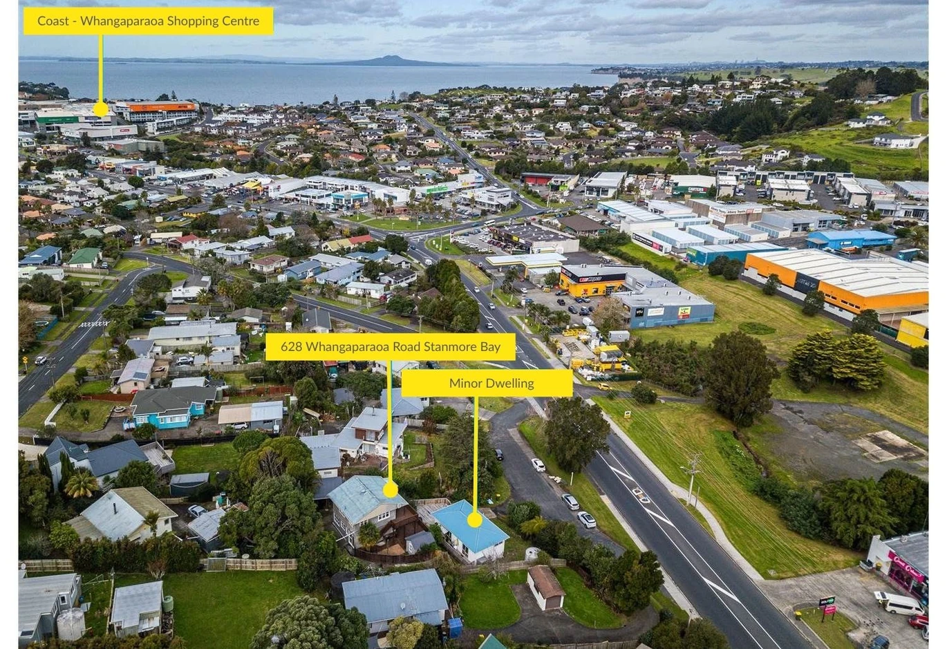 Home and income on 885m2 section, Main Home: Solid 1960s build with 3 bedrooms, 2 bathrooms, separate studio, and carport, Minor Dwelling: Built in 2019 (CCC issued) featuring 2 bedrooms, double glazing, chef’s kitchen, large entertaining deck, and off-street parking. Healthy Homes Certificate available. Less than 1km from major retail (New World, Whangaparaoa Shopping Centre, Hoyts). 628 Whangaparaoa Road Stanmore Bay, Auckland