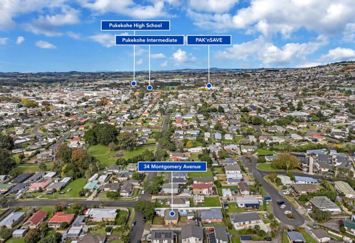 Brick 3 beds 1 bath house with standalone double garage on 561m2 section, close to Pukekohe township, schools, childcare centres, parks, and public transport, 0.2 km to Pukekohe North School, 34 Montgomery Avenue, Pukekohe, Auckland