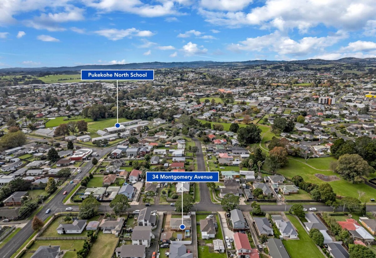 Brick 3 beds 1 bath house with standalone double garage on 561m2 section, close to Pukekohe township, schools, childcare centres, parks, and public transport, 0.2 km to Pukekohe North School, 34 Montgomery Avenue, Pukekohe, Auckland