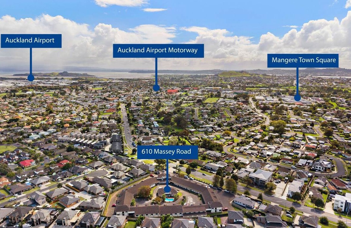 Urgent Sale – Auction, No Plan B, 8,251m² (approx.) Freehold Land, 2,540m² (approx.) Building Area, Operating Motel – 55 Self-Contained Units + Manager’s Flat, High-profile arterial road frontage, Residential – Mixed Housing Suburban zoning, Close to Auckland Airport & major transport routes, 610 Massey Road, Mangere, Auckland