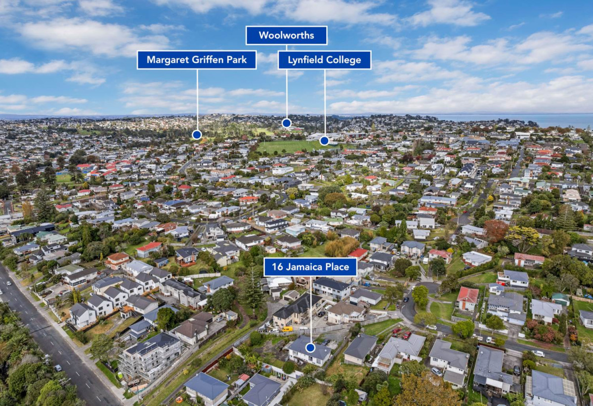1019m2 section, 3 beds 1 bath house with garage, currently rented, close to schools, golf club, tennis club, parks, shops, supermarket, 0.6 km to Marshall Laing School, 0.9 km to Lynfield College, 16 Jamaica Place, Blockhouse Bay, Auckland
