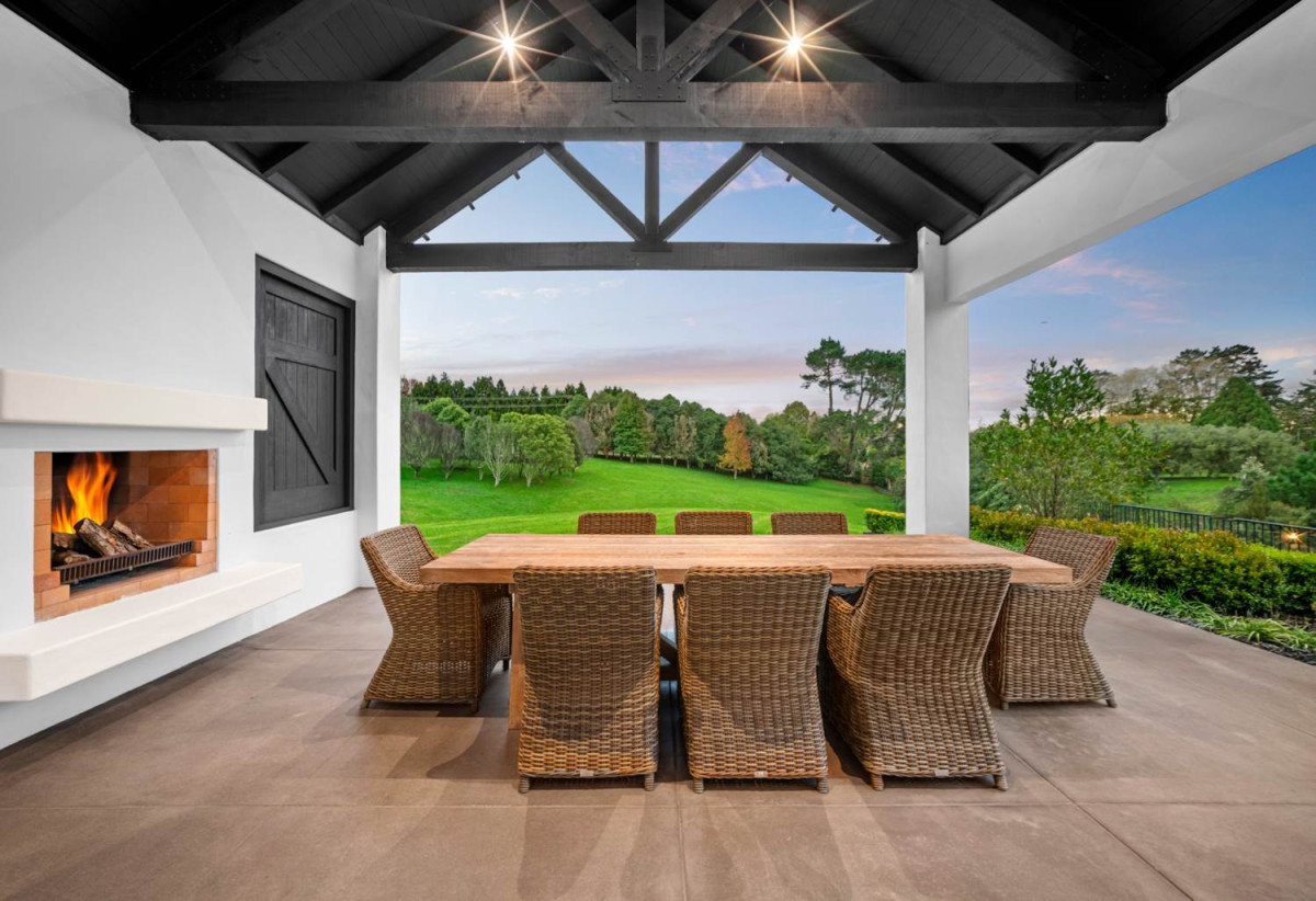 30,269m² section, The home offers 5 beds 3 baths, including a private guest suite with a designer ensuite featuring dual showers, A separate wing accommodates additional bedrooms and a luxurious family bathroom with a sculptural real stone bath, Underfloor heating throughout, A five-car garage, A formal 10-seater dining room beneath a genuine Swarovski crystal chandelier, integrated throughout the home is a premium HEOS multi-room audio system, a fully equipped private cinema with six luxury seats, The stunning 16.5-metre heated swimming pool (approx. 5.5–6m wide), 2.2 km to Riverhead School, 739 Coatesville-Riverhead Highway, Riverhead, Auckland