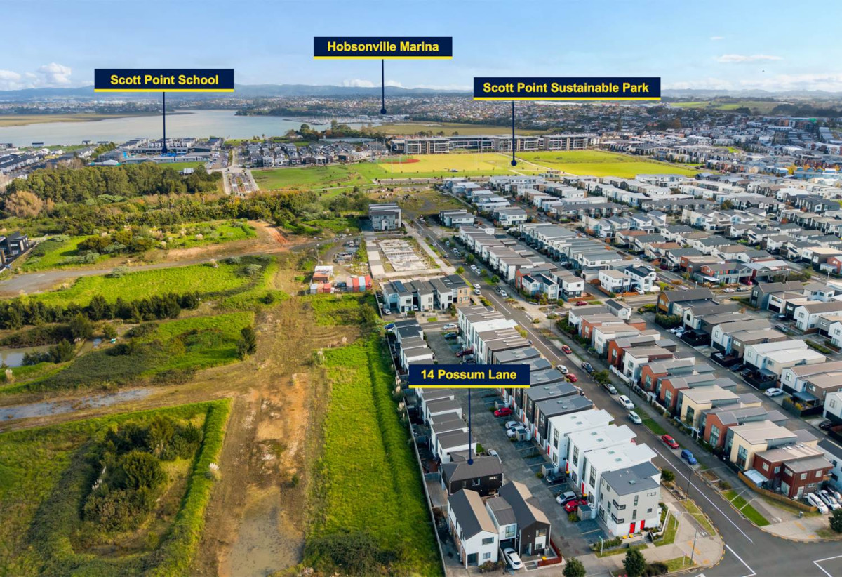 Must sell, 4 beds 2.5 baths home with garage, close to local shops, cafés, parks, motorway access, and the popular Hobsonville Point precinct. 0.4 km to Hobsonville Point Primary School, 0.8 km to Hobsonville Point Secondary School, 14 Possum Lane, Hobsonville, Auckland
