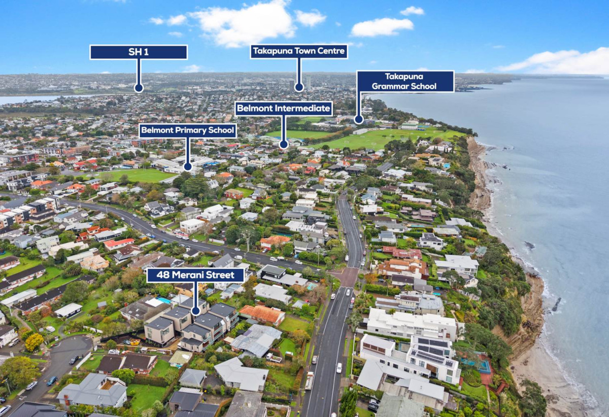 Brandnew standalone 4 beds (2 ensuites) 3.5 baths home with double garage, 1 ensuite ground floor, within easy reach of beaches, cafés, shopping, transport, schools, 0.4 km to Belmont School (Auckland), 0.7 km to Belmont Intermediate, 1 km to Takapuna Grammar School, 48C Merani Street, Belmont, Auckland