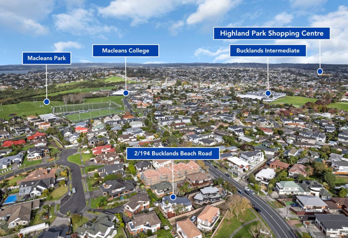 Macleans College zone, 5 beds (2 ensuites) 4 baths house with double garage, 1 bed 1 bath ground floor, close to schools, beaches, shops, golf club, 0.6 km to Pigeon Mountain School and Bucklands Beach Intermediate, 0.7 km to Macleans College, 194B Bucklands Beach Road, Bucklands Beach, Auckland