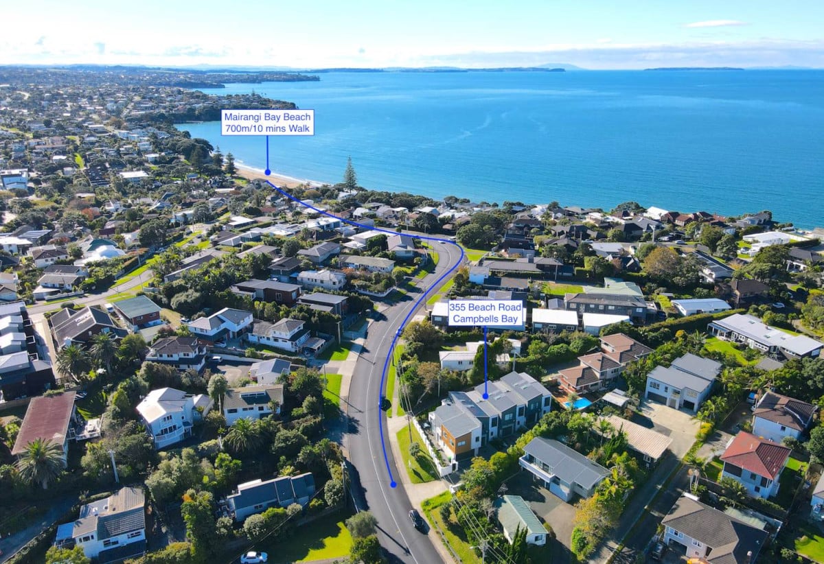 Westlake Boys & Girls, Rangitoto College zone, 161m2 3 beds 2.5 baths home with garage, Walking distance to beach and village lifestyle amenities, 0.9 km to Mairangi Bay School, 355 Beach Road, Campbells Bay, Auckland