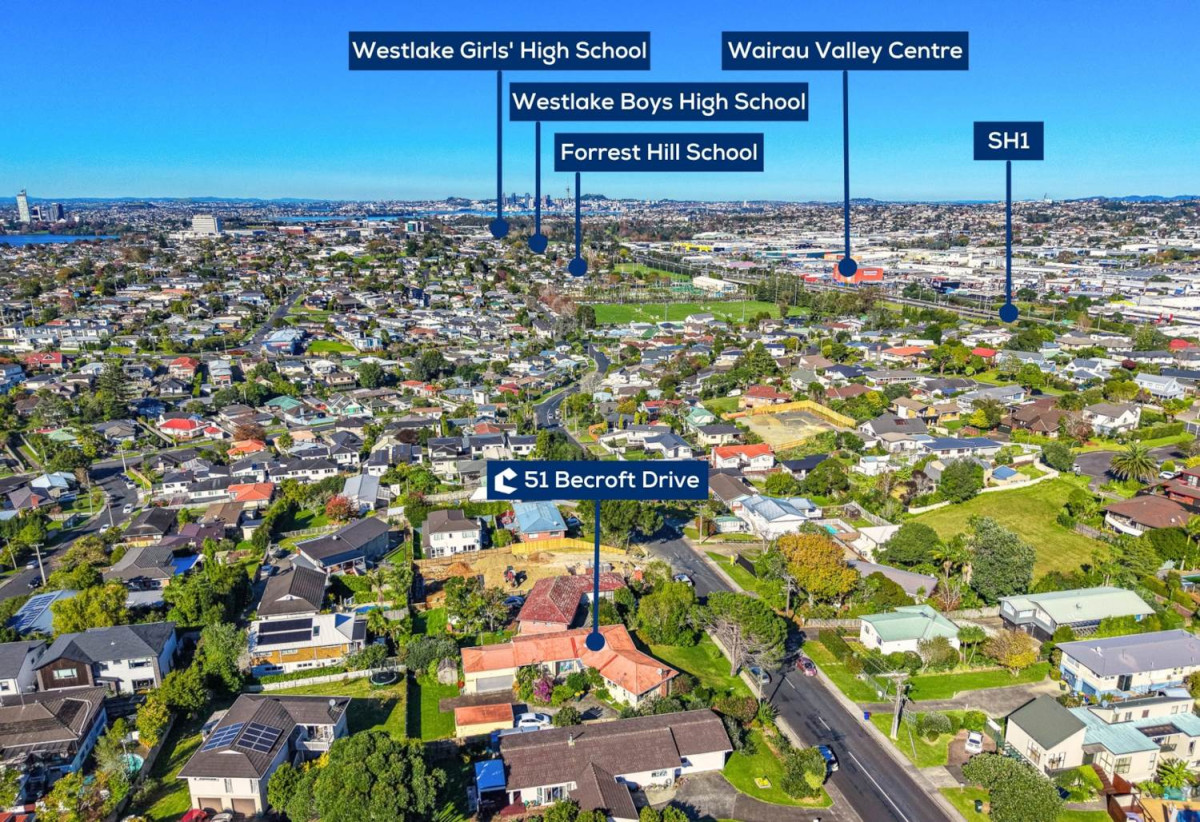 Double Westlake school zone, 809m2 section, 4 beds 2 baths house with double garage and carport, zones for Westlake Boys’ & Girls’ High Schools, Wairau Intermediate, and Forrest Hill School, Close to Sunnynook Shopping Centre, Becroft Park, motorway access, 51 Becroft Drive, Forrest Hill, Auckland