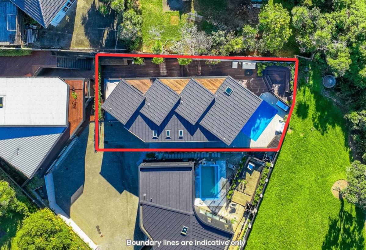 Rangitoto College zone, Sea Views, 4 beds (4 ensuites) 4.5 baths house with swimming pool and double garage, Direct private walkway to Churchill Cove Beach and reserve, close to schools, shops, supermarket, 0.9 km to Murrays Bay School, 61B Churchill Road, Murrays Bay, Auckland